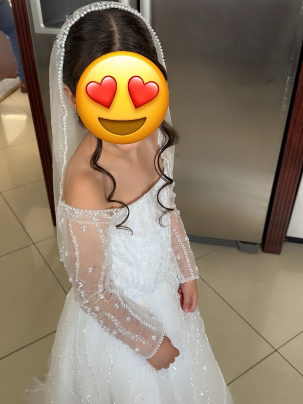 White Beaded Flower Girl Dress with Veil - Kids Costume